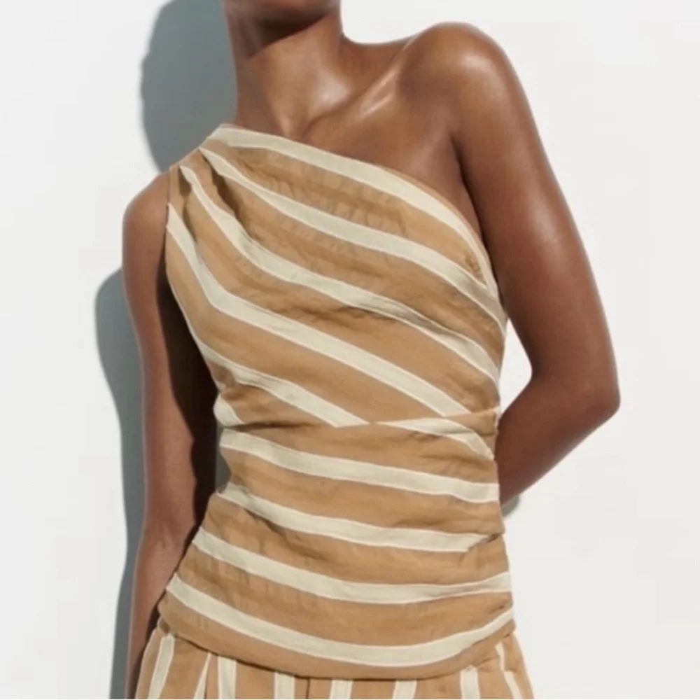 **SOLD** Zara Striped Asymmetric Jacquard Top Toffee Sz Medium - Picture 8 of 9